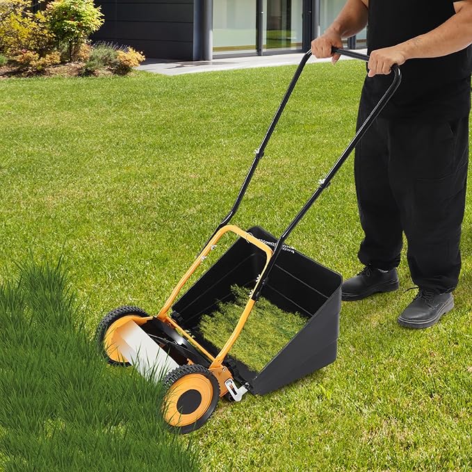 Push Reel Lawn Mower 14 inch, 5 Blades Manual Push Mower with Grass Catcher Bag, 0.47-1.65 in Adjustable Cutting Height for Small Medium Lawns, Yards, Driveways