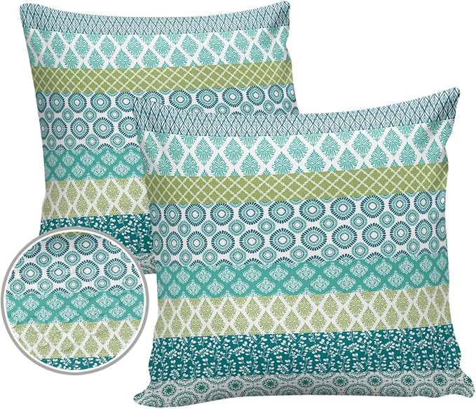Outdoor Waterproof Throw Pillow Covers Set of 2 Teal Boho Stripe Tribal Vingtage Lumbar Pillowcases 26x26 Inch Green Bohemian Style Decorative Pillows Cushion Case Patio Pillows for Couch Bed Garden