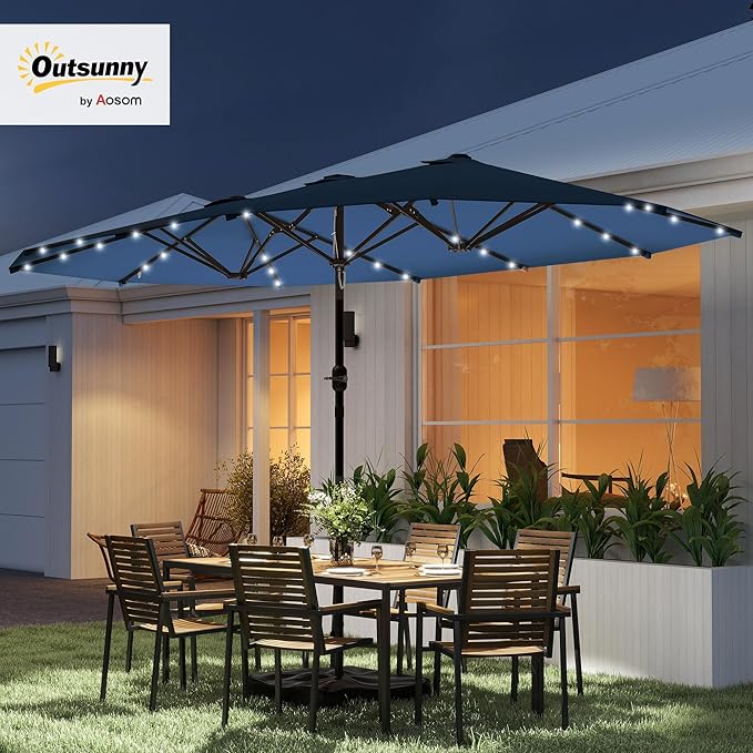 Outsunny 14.4ft Large Patio Umbrella with 36 Solar LED Lights, Double Sided Outdoor Umbrella with Base Included
