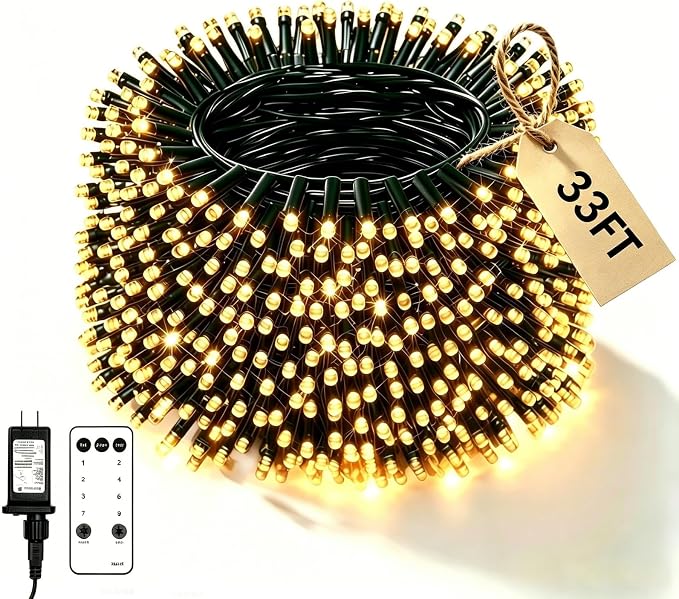 33ft 100 LED Warm White Christmas Fairy String Lights, Remote | 8 modes with timer function; perfect for indoor or outdoor house, bedroom & room aesthetic decoration or holiday party decor.