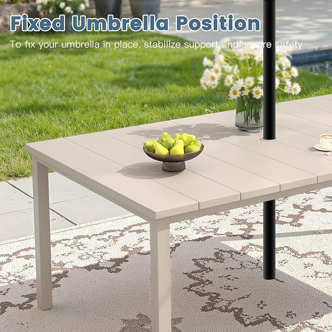 DIFY 7 Pieces Outdoor Dining Set, Metal Patio Table and Chairs Set for 6 with Umbrella Hole, 63" Rectangle Outdoor Table and Textilene Swivel Patio Chairs for Garden, Backyard, Poolside, Sandshell