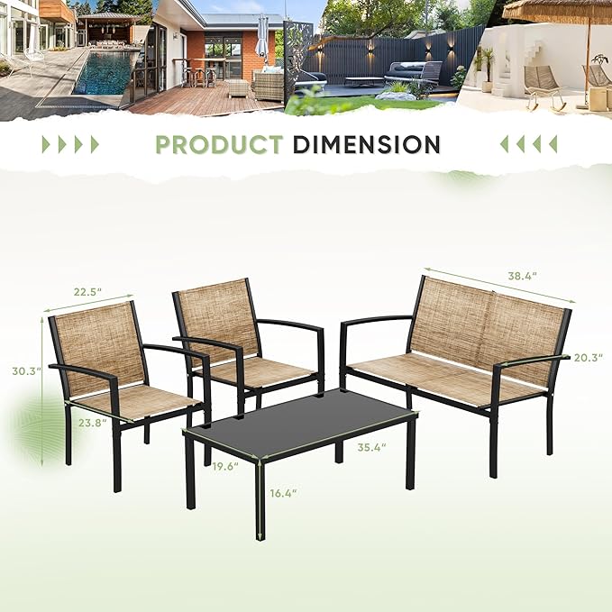 Tuoze 4 Pieces Outdoor Patio Furniture Conversation Glass Coffee Table Bistro Set with Loveseat Garden Yard Lawn and Balcony (Yellow),901DBG