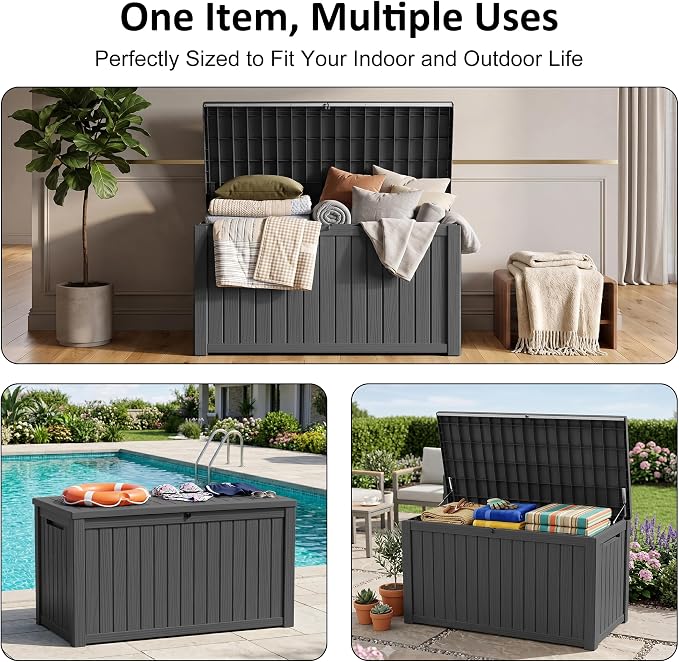 PatioZen 200 Gallon Deck Box, Outdoor Storage Box, Large Deck Box, Lockable, Waterproof &UV-resistant for Patio Furniture, Garden Tools, Garden Tools, Pool Accessories black