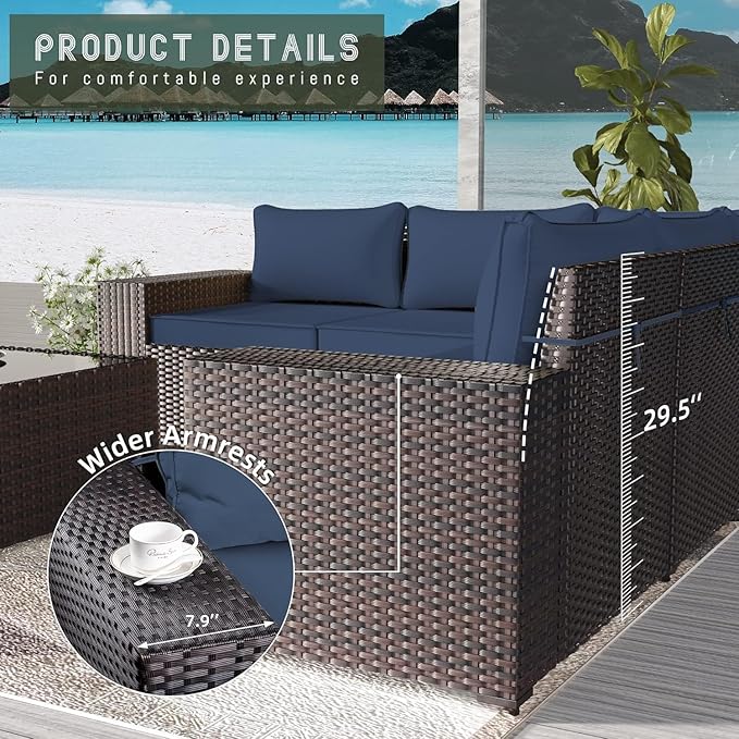 16 PCS Outdoor Patio Furniture Set,Outdoor Sectional Furniture with 45" 55000 BTU Gas Propane Fire Pit Table,PE Rattan Wicker Patio Conversation Set,Swivel Rocking Chairs Set,Navy Blue