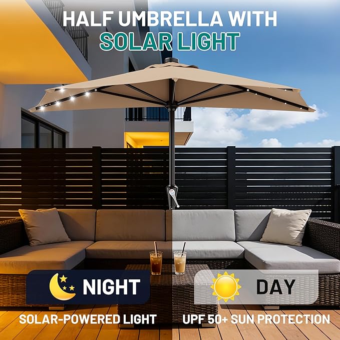 AreShark 9ft Patio Half Umbrellas with Solar Lights, 1/2 LED Half Outdoor Umbrella w/ 20 LED Lights, Lighted Table Wall Umbrella with Crank & 5 Sturdy Ribs for Market, Pool, Deck, Lawn and Garden, Beige