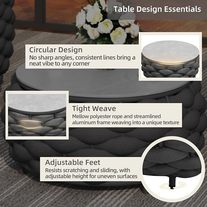 Round Coffee Table for Indoor & Outdoor Use, Aluminum Patio Furniture with Handwoven Ropes, Weather-Resistant for Garden, Terrace & Poolside (Black)