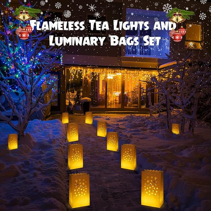 Sabary 50 Sets Luminary Bags with Flameless Tea Lights Outdoor Luminaries LED Lantern Candle Bags for Wedding Birthday Ramadan Christmas Party Decorations Romantic Decor(Star)