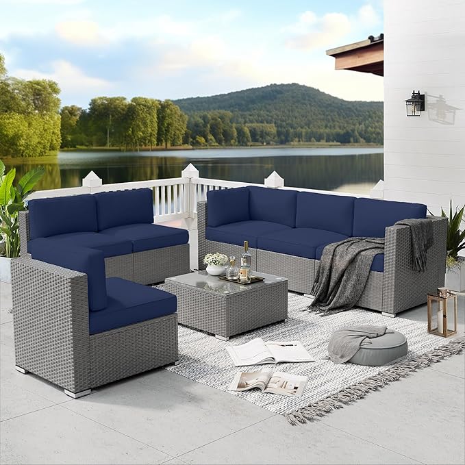 SUNCROWN Outdoor Patio Furniture Set 7 Piece Outdoor Sectional Sofa Grey Wicker Conversation Sofa Set with Coffee Table and Cushions,Dark Blue