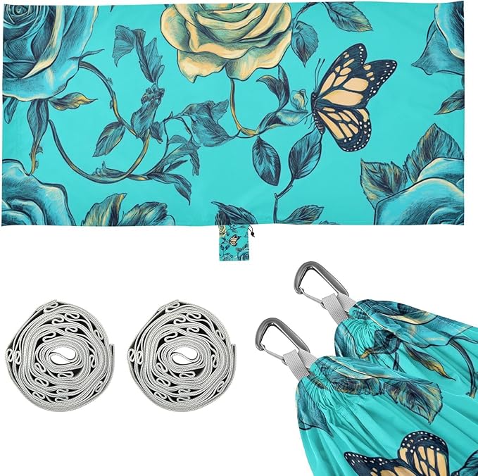 Cute Rose Flower Butterfly Turquoise 330lb Capacity Outdoor Hammock Hanging Hammock for Outside Patio Backyard Poolside sillas para acampar