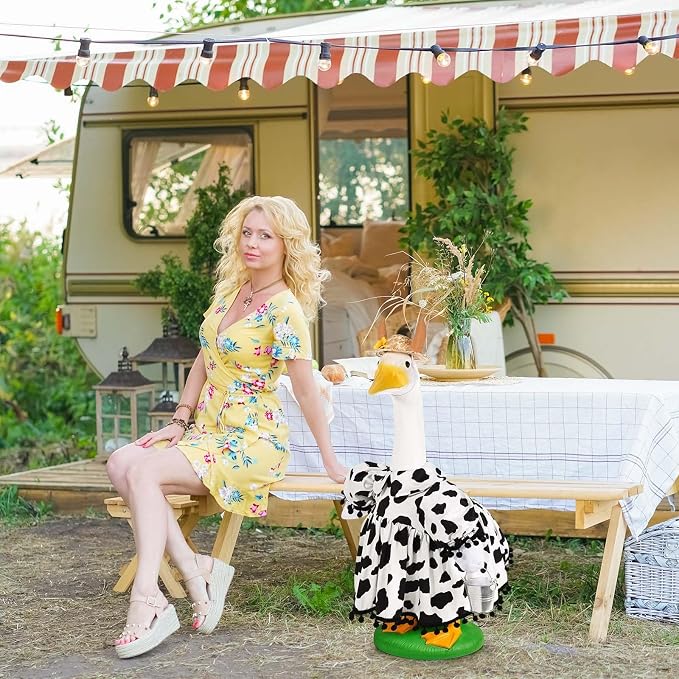 Honic Cow Porch Goose Outfits Funny Farmhouse Goose Costume with Dress Hat and Mini Milk Bucket for 23 Inch Cement or Plastic Goose for Spring Summer Outdoor Garden Yard Patio Lawn Decor