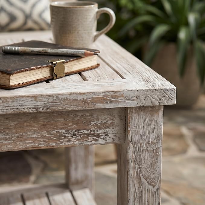 Hives & Honey Pavilion Outdoor Teak Side Table, Square 2-Tier Patio Table, Solid Grade-A Teak Wood for Deck, Porch, Balcony – Whitewash