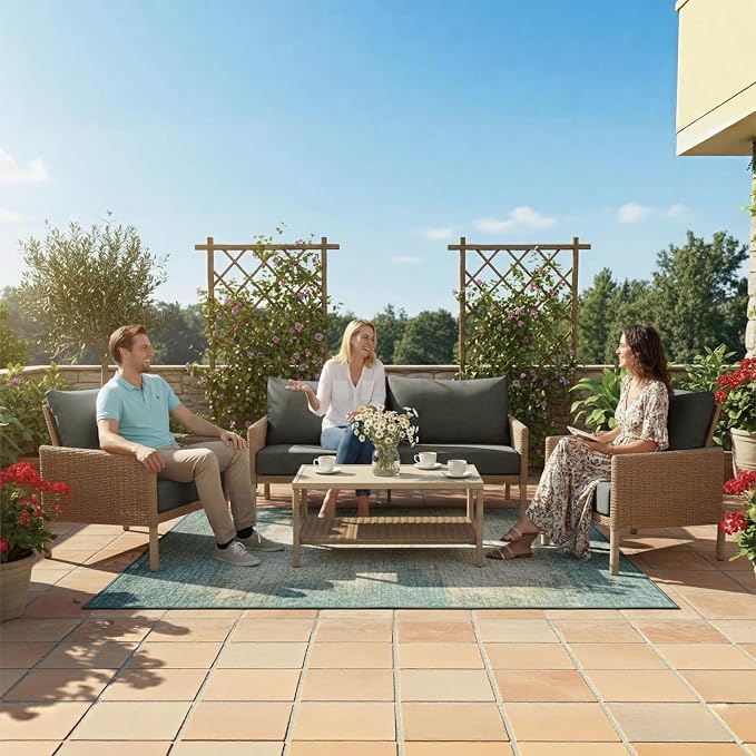4-Piece Wicker Patio Furniture Set, Outdoor Conversation Set with Coffee Table and Removable Thickened Cushions, Modern Sectional Sofa for Backyard, Garden & Lawn, Grey