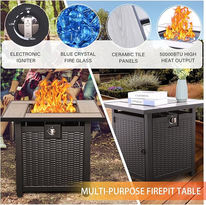 WAROOM Patio Furniture Set 6 Piece PE Rattan Outdoor Conversation Sets Grey Wicker Couch Sectional Sofa with 30" Fire Pit Table and Grey Cushion