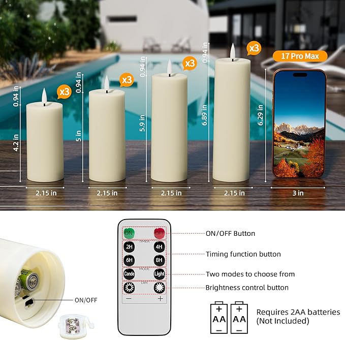 Flameless Battery Operated Candles with Remote: Set of 12 2.2''×4'' 5'' 6'' 7'' Outdoor Waterproof LED Pillar Candles with Timer Flicking Plastic for Home Decor Fireplace Wedding Tub Patio Ivory