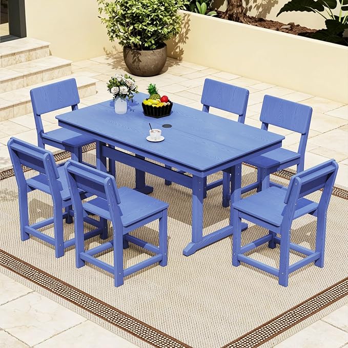 7-Piece HDPE Outdoor Patio Dining Set,Modern Plastic Dining Sets，Patio Table and Chairs Set with Umbrella Hole Cut-Out Table and 6 Chairs Navy