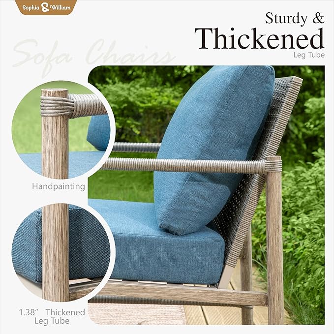 Sophia & William 4-Piece Outdoor Wicker Patio Conversation Set, 3-Seat Sofa, 2 Fixed Sofa Chairs, 31" Coffee Table, Patio Furniture for Poolside, Backyard