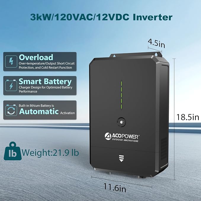 ACOPOWER 12V 3000W All-in-One Solar Inverter Charger 150A Adjustable MPPT & AC Charger, 110/120V Pure Sine Wave, for RV, Van, Off-Grid & Backup Power