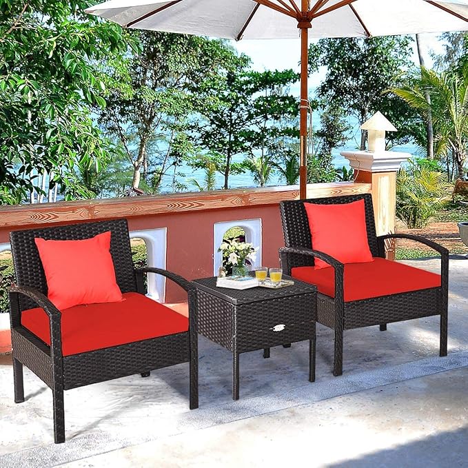 HAPPYGRILL 3 Piece Patio Conversation Set Rattan Wicker Sofa Set with Removable Cushions and Coffee Table, Outdoor Furniture Bistro Chairs Set with Storage Table for Garden Poolside Balcony
