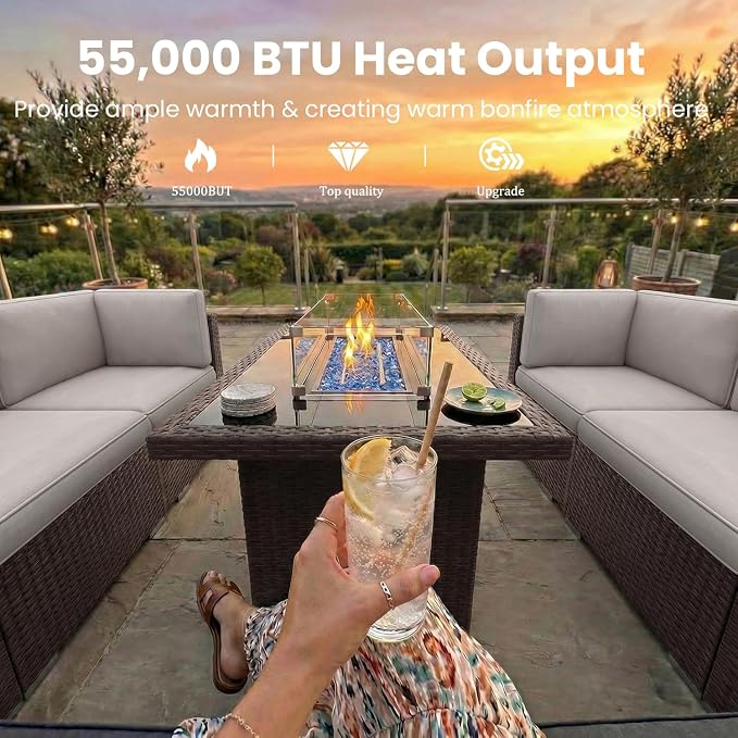 10 Pieces Patio Furniture Set with 44" Propane Gas Fire Pit Table, Outdoor Sectional Brown Rattan Wicker Conversation Sofa Sets with Coffee Table