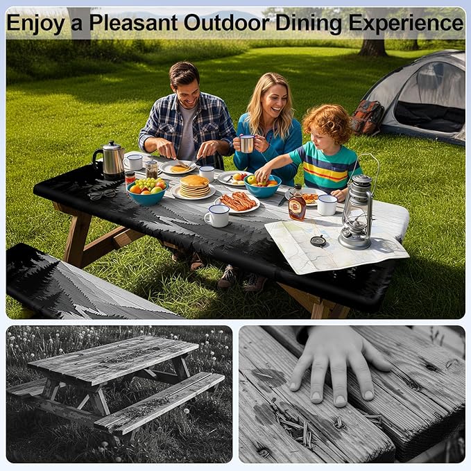 Picnic Table Cover with Bench Covers Camping Essentials Waterproof Windproof Camping Tablecloth with Drawstring Bag, Fitted Rectangle Tables and Seats, 72in, Black White Forest