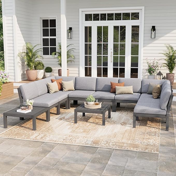 Stoog 11-Piece Patio Conversation Set, 9-Seats U-Shaped Modular Patio Sofa Set - Gap-Free & No Shifting Design, HIPS Frame & Olefin Cushions, Grey