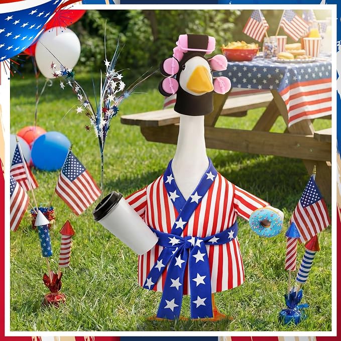 Shyyween Patriotic 4th of July Porch Goose Outfit 23 Inch American Lady Goose Statue Clothes Red White and Blue Bathrobe Coffee Cup Curlers 250th Anniversary Garden Lawn Decor