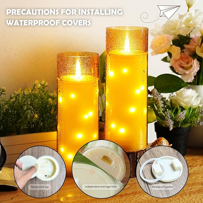 kakoya 11" x 4" Large Outdoor Waterproof Flameless LED Candles with Remote and Timer,Acrylic Pillar Candles Battery Operated with Embedded Star String for Porch,Patio,Outdoor Decor,Set of 2(Gold)