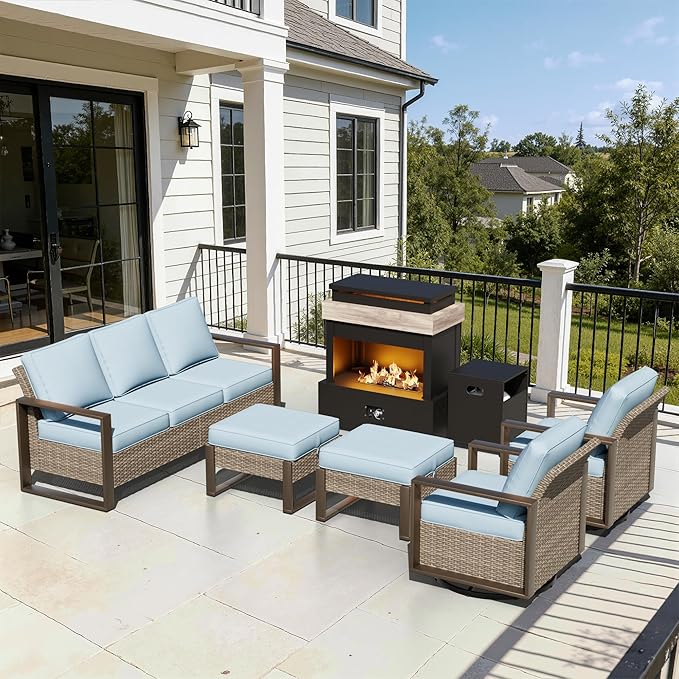6 Pieces Metal Wicker Patio Furniture Set - 75" Sofa, Two Swivel Chairs and Two Ottomans, One Fireplace All Weather Rattan Outdoor Conversation Furniture with Washable Cushion for Deck, Baby Blue