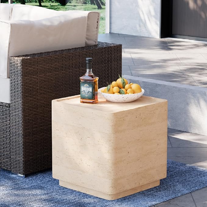 SUNBURY Outdoor Side Table, 14" W Concrete Accent End Table Rectangular Design, Patio Side Tables, Outdoor Coffee Tables, Garden Stool End Table for Living Room, Backyard, Sandy Yellow
