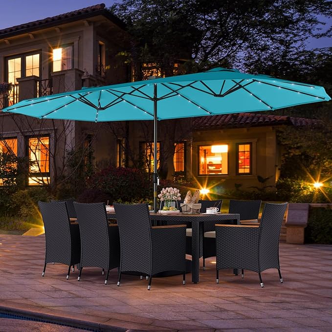 Tangkula 11 Pieces Patio Dining Set with Double-Sided Led Patio Umbrella (Base Included), with 8 Stackable Chairs, Acacia Wood Dining Table and Large Umbrella with Solar Lights (Turquoise + Off White)