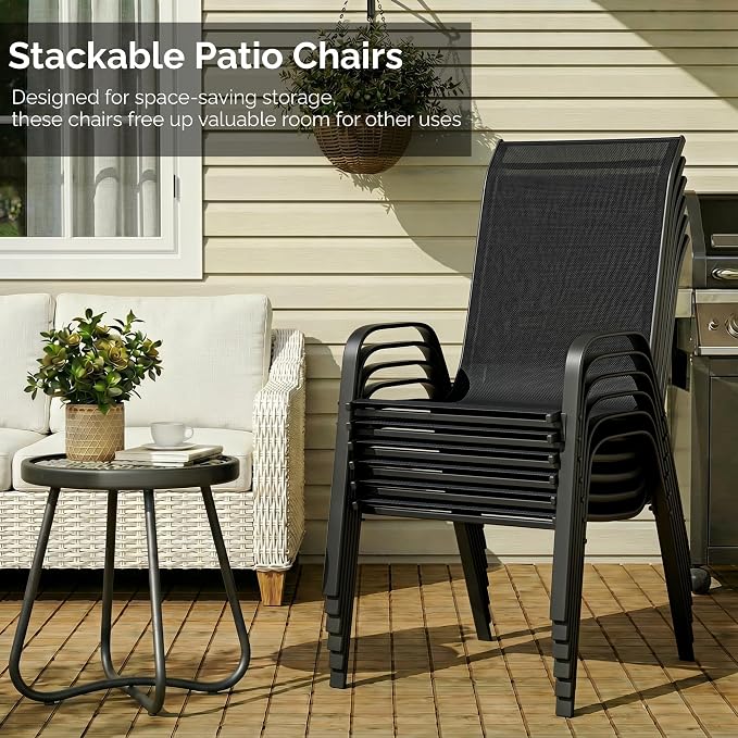 MAMIZO 7 Pieces Patio Dining Set for 6, Outdoor Table and Chairs w/Rectangle Glass Table and 6 Textilene Stackable Chairs, Patio Furniture Set w/1.69" Umbrella Hole (Grey Table & Black Chair)