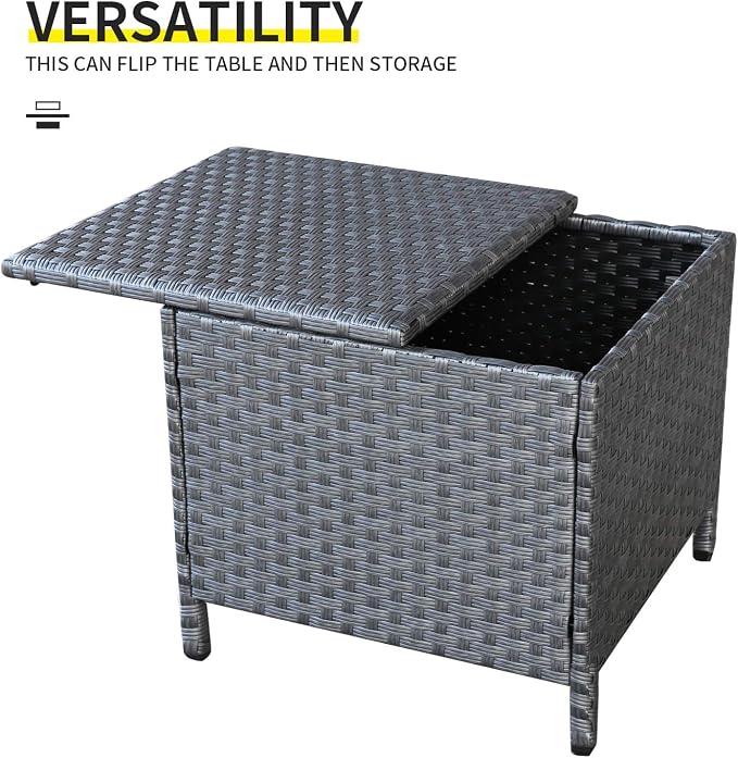 Valita Careland Outdoor PE Wicker Side Table with Storage Patio Resin Rattan End Table Square Container for Furniture Covers, Toys and Gardening Tools Grey
