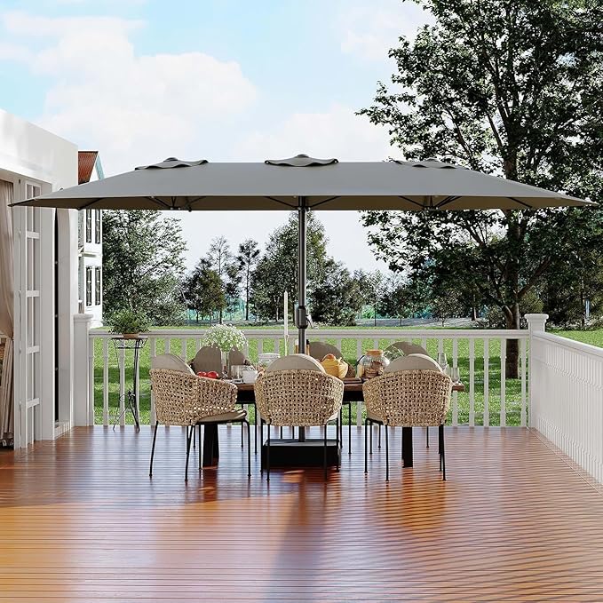 15FT Large Patio Umbrella with Base Included, Outdoor Double-Sided Rectangle Market Umbrella with Crank Handle for Pool, Lawn, Garden, Backyard, Grey