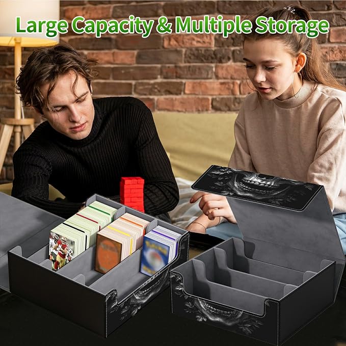 Large Card Deck Box for MTG, Fits 1200+ Sleeved Cards, PU Leather Storage Case with Strong Magnetic Closure, Multiple Colors Available for TCG CCG Baseball Card Collections, Dark Skull