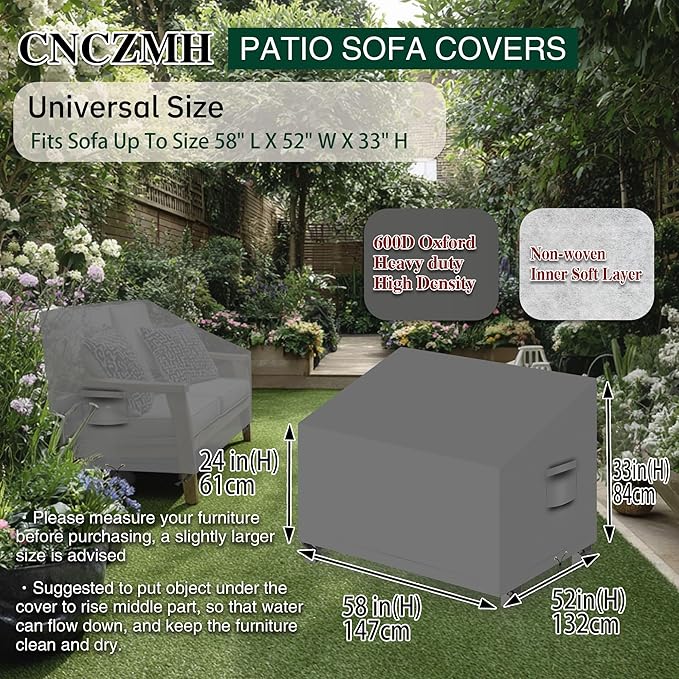 Heavy Duty Patio Sofa Covers Waterproof, Outdoor 3-Seater Couch Cover Waterproof, 600D Outdoor 2-Seater Loveseat Furniture Covers with Air Vent Handle 58''W x 52''D x 24''H/ 33''H Grey