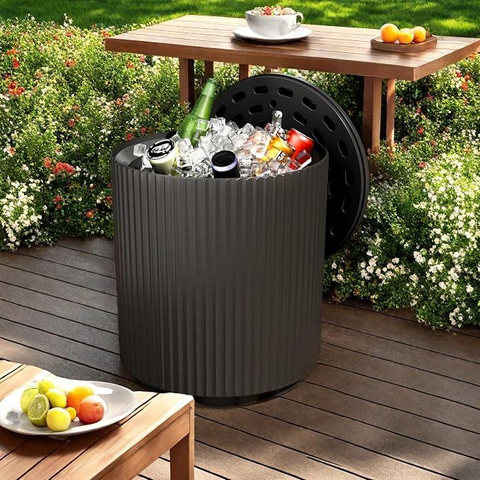 Patio Table, 2 PCS Ice Chest Storage, Portable Outdoor Bucket Cooler, 16.65in Outdoor Cooler Side Table - 2 in 1, Ice Chest Side for Parties Picnics Beach, Black