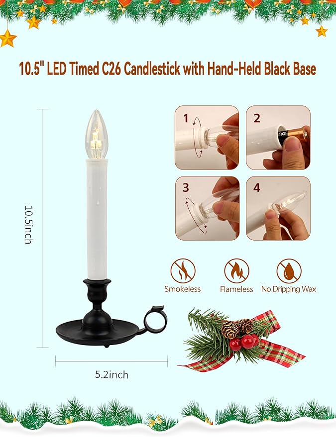 Cherished Holiday Flameless Window Candles, 4 Pack Battery Operated Taper Candles with Auto Timer, 10.5" Classic Electric Candle Lights for Christmas, Windows, and Holiday Decorations