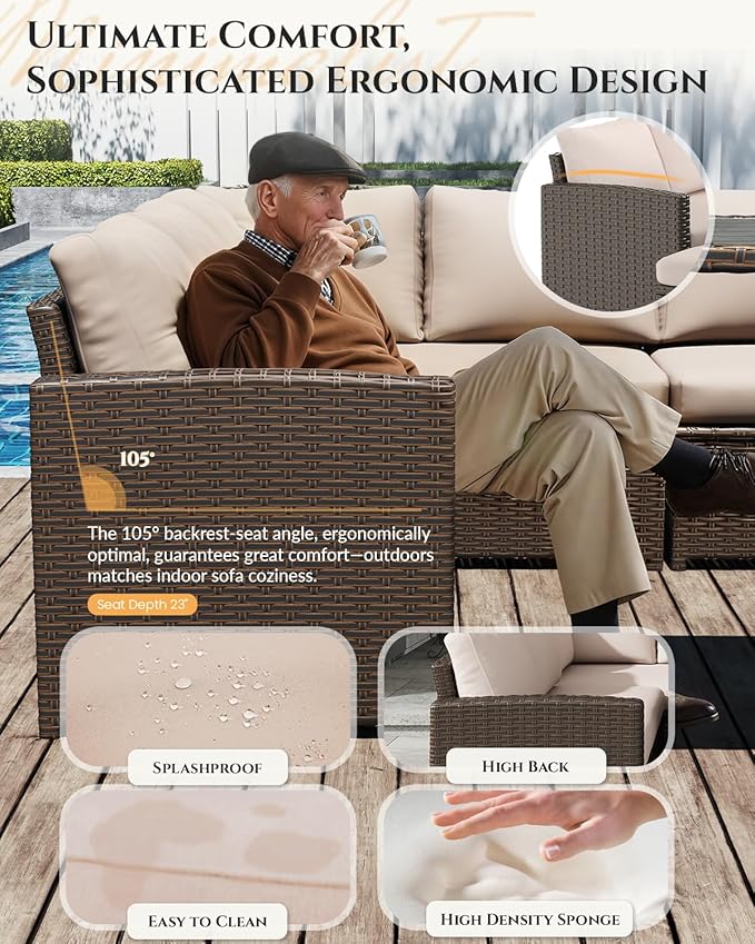 U-MAX 7 Pieces Patio Furniture Set with 43" Fire Pit Table, Outdoor Sectional Sofa Conversation Set, All Weather Wicker Rattan Dining Table & Chair with Ottoman, Brown Rattan&Khaki Cushion