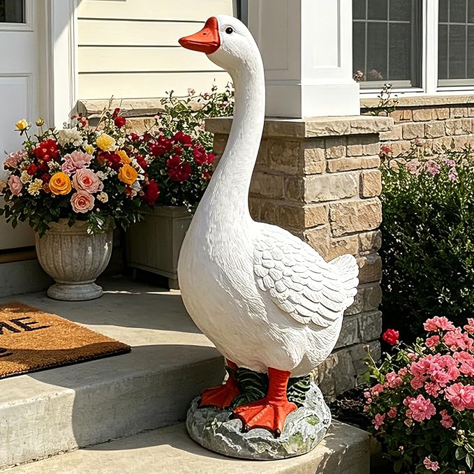 Porch Goose Statue Outdoor 20" Large White Porch Goose Garden Decor,Goose Sculpture for Lawn,Patio,Balcony,Yard Ornament,Cute Resin Goose Figurine Gifts for Mom Grandma Women