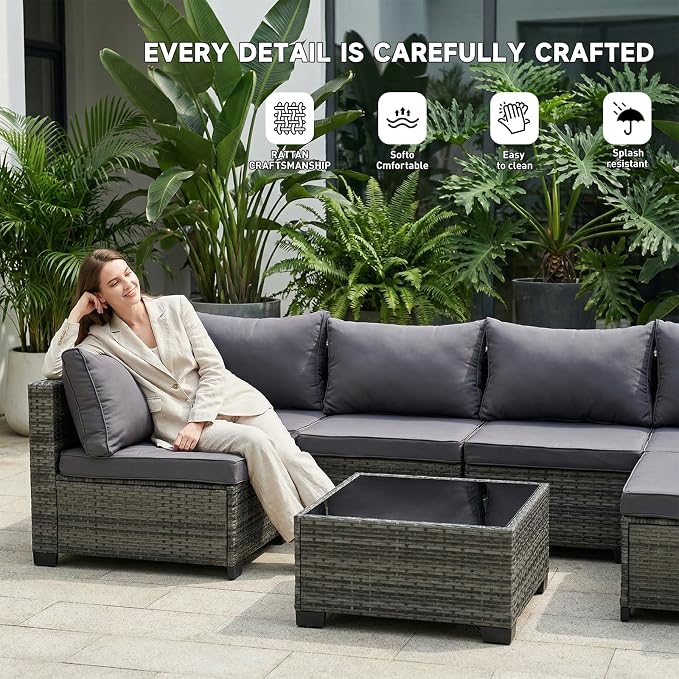 7-Piece Patio Furniture Set, Outdoor Wicker Conversation Sofa Set with Coffee Table & Extra Thick 8.5" Cushions, All-Weather Sectional for Backyard, Porch, Poolside (Gray, 7PCS)