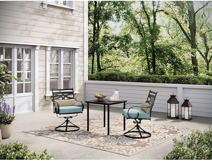Hanover Montclair 3-Piece Outdoor Bistro Set with 2 Swivel Rocker Chairs with Comfortable Seat and Lumbar Cushions, 27" Square Stamped Rectangle Table, All-Weather Patio Conversation Set