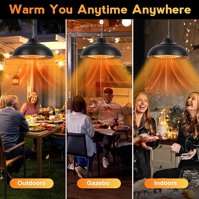 1500W Electric Hanging Patio Heater, 3S Instant Heat, Ceiling-Mounted Outdoor Heater with 3 Modes, Quiet Operation, Overheat Protection, IP55 Waterproof for Patio, Balcony (black, hanging)