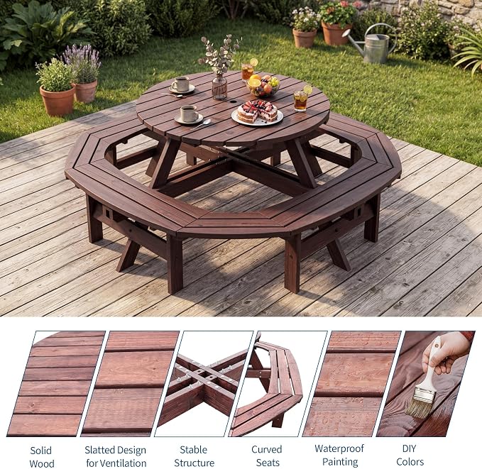 Garvee 8 Person Wooden Picnic Table, Outdoor Picnic Tables with 4 Built-in Benches, Circular Camping Dining Table and Chairs Set with Umbrella Hole for Garden, Patio, Backyard, Walnut Brown