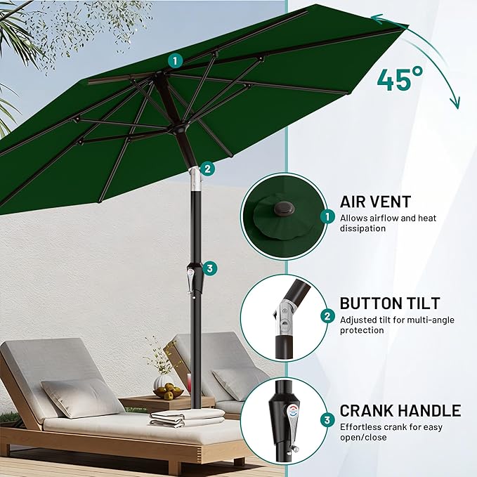 AreShark 10 FT Outdoor Patio Umbrella, Patio Table Umbrella with Push Button Tilt and Crank, Outdoor Patio Umbrellas with 8 Fiberglass Ribs, Patio Umbrellas for Market, Garden, Pool (Dark Green)