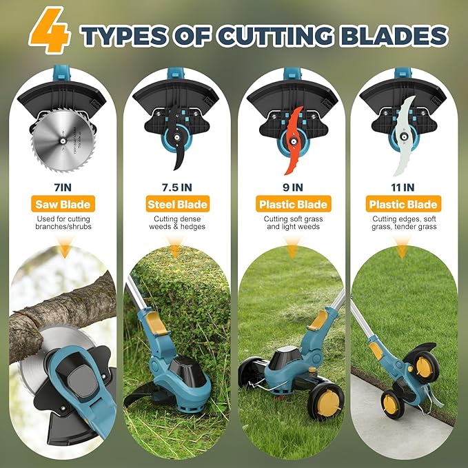 Weed Wacker Cordless - Brushless Electric Weed Cordless Eater Battery Powered with 2 X 4.0Ah Batteries, Cordless Brush Cutter, 3 in 1 Edger/Mower/Grass Trimmer, 4 Types Blades