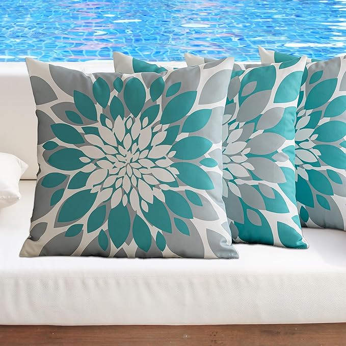 Pack of 4 Outdoor Waterproof Pillow Covers 24x24 Decorative Outdoor Throw Pillows Garden Square Cushion Cases for Patio Furniture, Couch, Tent Sunbrella, Bench, Teal Turquoise Grey
