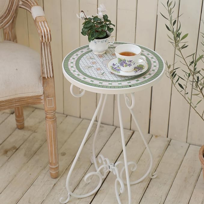 Outdoor Side Table & Mosaic Ceramic Plant Stand, 14" Metal Round End Table for Garden Home Patio Yard Porch Patio Decor Weather Resistant Outside Accent End Furniture (Flower#4)