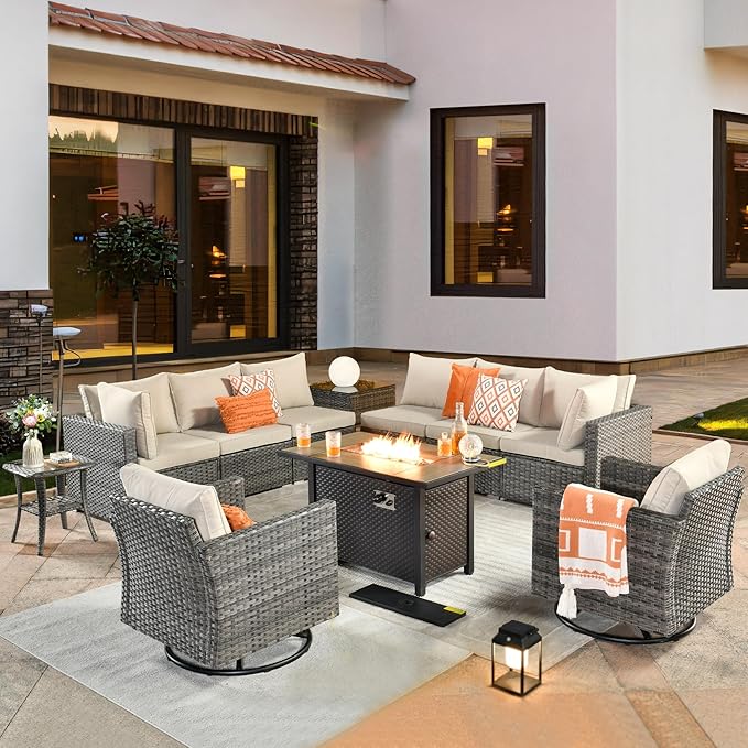 ovios 11 Piece Outdoor Patio Furniture Set with Fire Pit Table,Conversation Sectional Wicker Couch with Swivel Chairs,Modern Outside Sofa for Balcony Backyard, Beige