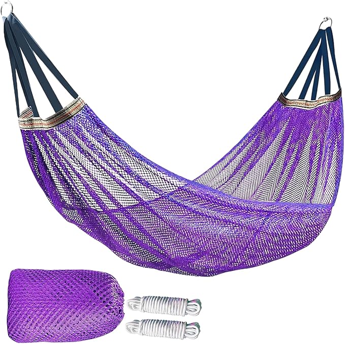 Outdoor Travel Camping Sport Hammock, Outdoor Sport Hammock Net Mesh Nylon Rope Sleeping Bed Swing with Hooks for Garden Beach Yard Travel (Purple)