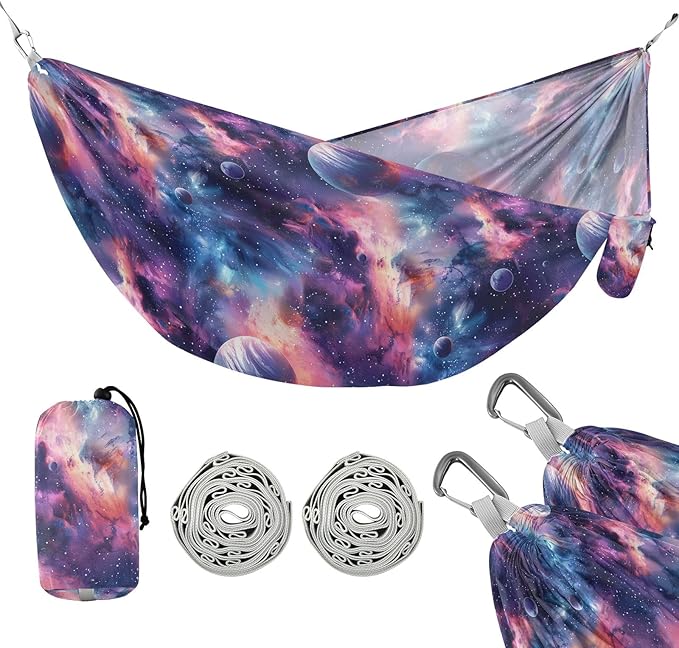 Camping Hammock Outdoor Hammocks for Outside Cosmic Starry Sky Beach Trees Portable Lightweight with Pockets Tree Straps Indoor Small